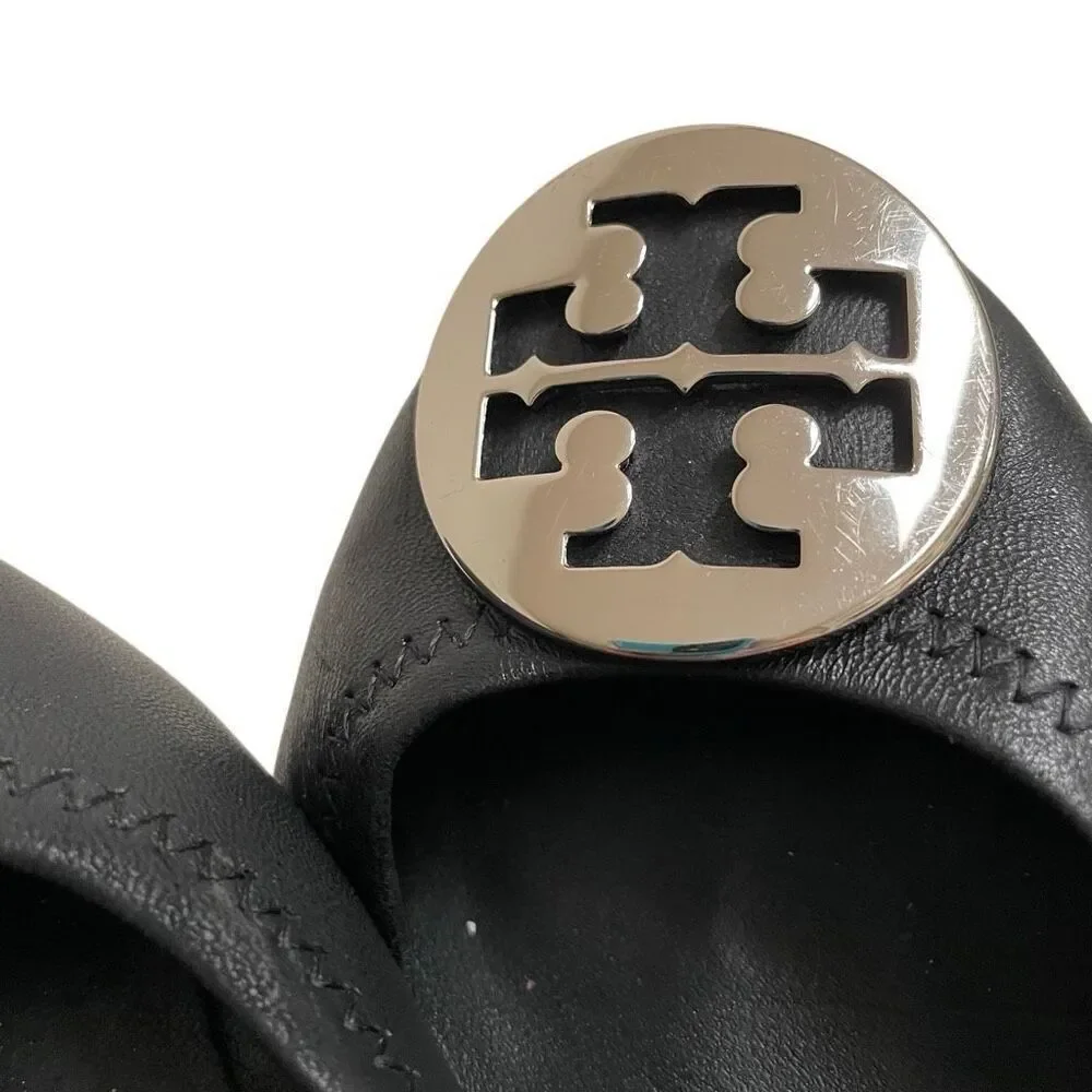 Tory Burch Reva Ballet Flats Women’s‎ 6.5 Travel Black Leather Silver Medallion